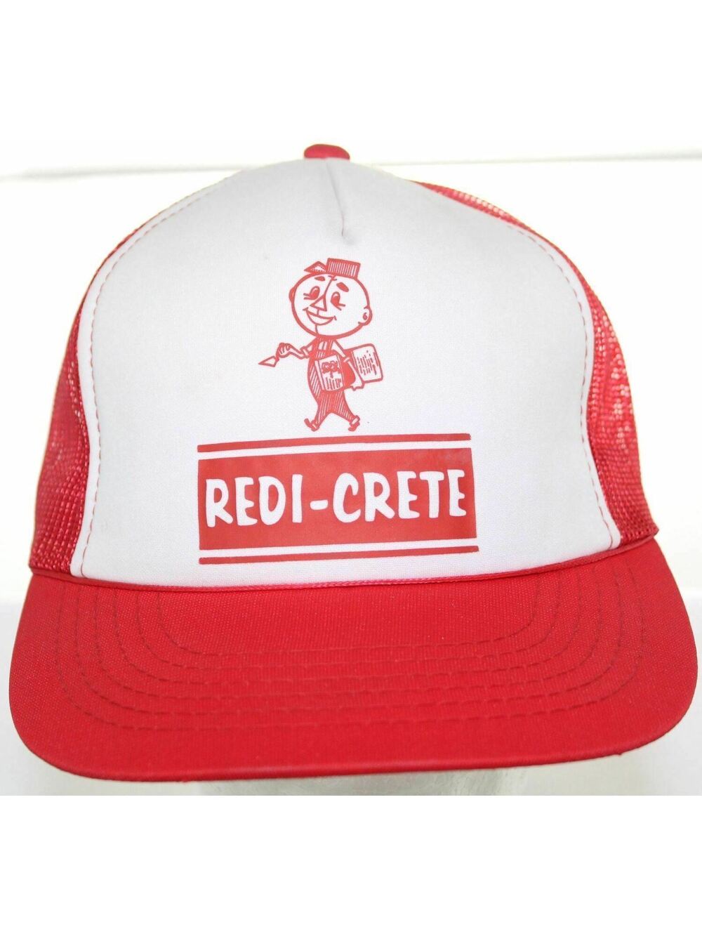 Vintage 1980s REDi-CRETE Cement Mixes Trucker Hat Hanes Snapback Cap Red & White